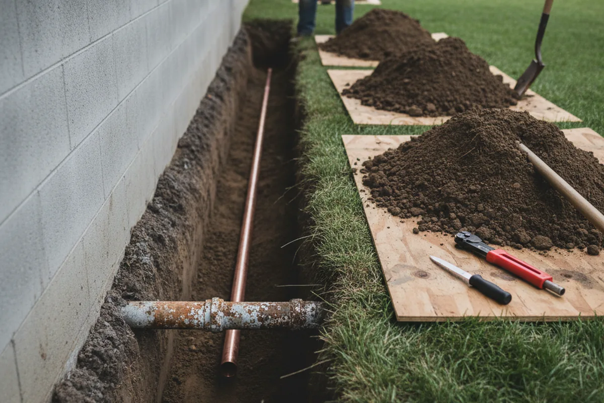 Excavated water line trench during Water Softener Installation in Genesee Depot